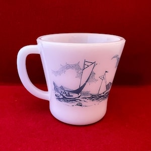 Vintage Glasbake Currier and Ives Milk Glass Mug, Blue and White Sailing Design
