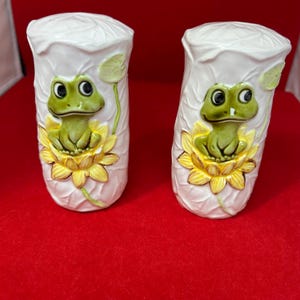 1970s Neil the Frog Salt and Pepper Shakers – Retro Green Frog on Lily Pad – Vintage Kitchen Collectible
