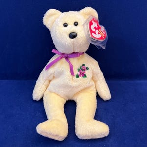 2002 TY &quot;Mother&quot; Beanie Baby Bear – Rare Yellow Version with Purple Flower and Ribbon – Retired TY Collectible Gift