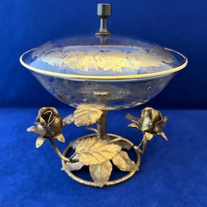 Vintage Hollywood Regency Compote Dish – Gold Etched Glass with Ornate Floral Metal Base – Mid Century Vanity or Candy Dish