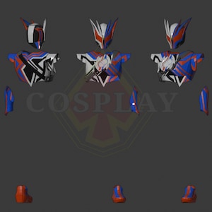 May include: A cosplay costume set with a helmet, chest piece, arm guards, and boot covers. The pieces are predominantly blue, red, white, and black, with geometric patterns. The word "COSPLAY" is visible in the background.