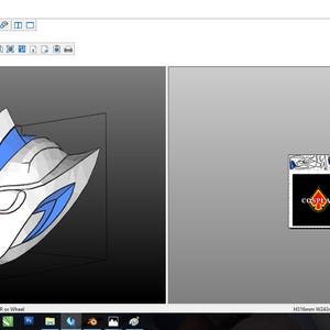 May include: A 3D model of a white and blue mask, likely for cosplay, with dimensions displayed in millimeters. The mask design features a stylized face with angular features. The software interface is visible, along with a small image with the word "COSPLAY".