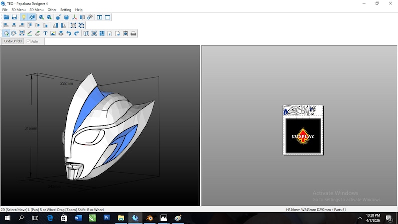 May include: A 3D model of a white and blue mask, likely for cosplay, with dimensions displayed in millimeters. The mask design features a stylized face with angular features. The software interface is visible, along with a small image with the word "COSPLAY".