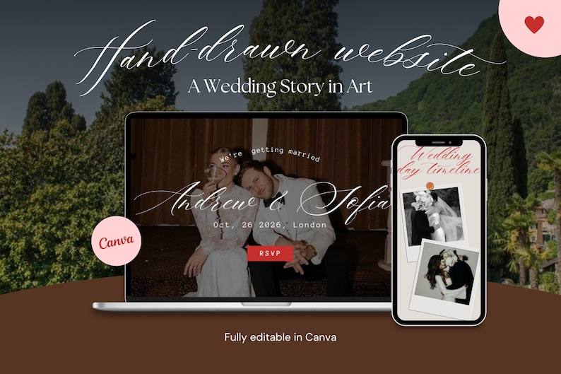 Canva Wedding Website Template, Hand-drawn Vintage Aesthetic London Wedding Website, Save the date Template, Canva Website Wedding RSVP