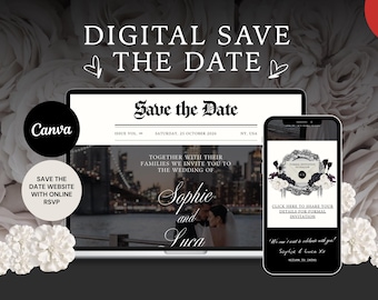 Modern Wedding Save the Date Website: Black and White Vintage Design (Canva Editable, Digital Download)