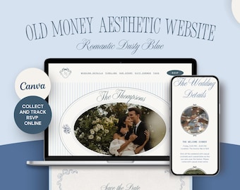 Stoffig blauw oud geld vintage bruiloft websitesjabloon, canva bewerkbaar (digitale download)