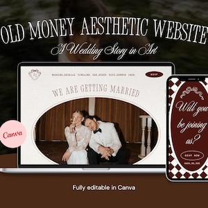 May include: A website design concept with the text "OLD MONEY AESTHETIC WEBSITE" and "A Wedding Story in Art." The design is displayed on a laptop and smartphone, featuring a couple and the words "WE ARE GETTING MARRIED."