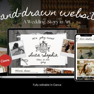 Puede incluir: Un portátil y un smartphone muestran un diseño de sitio web de boda. El sitio web presenta elementos dibujados a mano, incluido el texto "Hand-drawn website" y "A Wedding Story in Art". El diseño incluye fotos, los nombres "Luca + Sophia" y la fecha 26 de octubre de 2026.