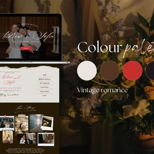 Vintage romance colour pallete of Canva Wedding Website Template, Hand-drawn Vintage Aesthetic London Wedding Website, Save the date Template, Canva Website Wedding RSVP