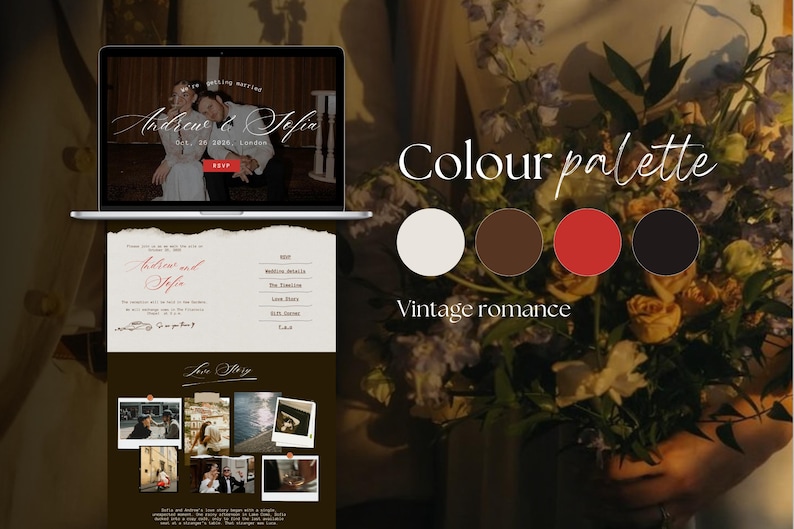 Vintage romance colour pallete of Canva Wedding Website Template, Hand-drawn Vintage Aesthetic London Wedding Website, Save the date Template, Canva Website Wedding RSVP