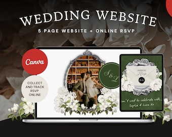 May include: A laptop and tablet display a wedding website design. The laptop shows a couple in a bar setting, surrounded by white flowers. The tablet displays an invitation design. Text includes "WEDDING WEBSITE" and "5 PAGE WEBSITE + ONLINE RSVP."