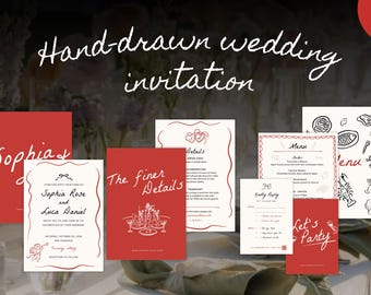 May include: A collection of hand-drawn wedding invitations in various sizes and designs. The invitations feature red and cream colors with handwritten text, including names, event details, and menu options. Some cards have decorative borders and illustrations.