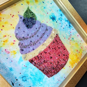 Blueberry Cupcake Bead Art, Food Art, Bakery Decor, Kitchen Decor, Cupcake Art, Unique Gift, Wall Art, Multimedia Art, Bead Art, wall decor