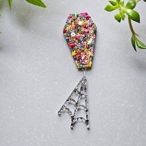 Multi-color Coffin and Spider Web Refrigerator Magnet, Emo Kitchen Decor, Halloween Magnets, Coffin Art, Bead Art, Refrigerator Magnet