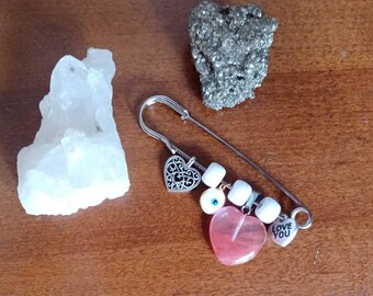 Large protection pin. Evil eye jewelry. Brooch. Baby gift. Diaper/blanket/stroller pin. Turkish glass beads. Rose quartz.