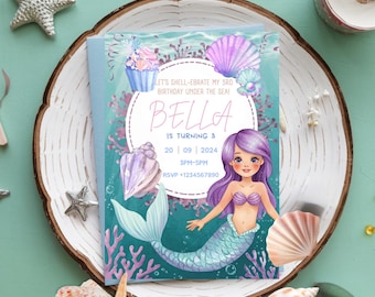 Invitación de cumpleaños de sirena / Fiesta submarina, plantilla editable (PDF)