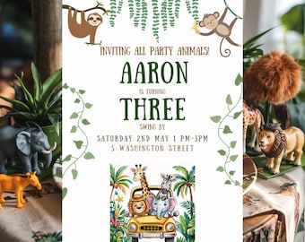 Invitación de cumpleaños de safari: Fiesta del Zoológico Salvaje, editable (descarga digital)