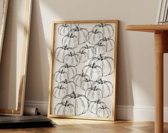 Pumpkin Halloween Wall Art, Thanksgiving Print, Fall Wall Art, Autumn Decor, Line Drawn Pumpkins, Trendy Pumpkin Art, Digital Download