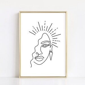 Woman wearing crown line drawing, Abstract woman face art, Black and white print, Minimalist crown art, Neutral wall decor, Instant download