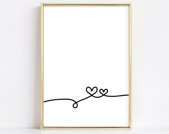 Cute Line Art Hearts, Minimalist Wall Art Printable, Valentines Day Art, Black and White Hearts, Gifts for Friends, Digital Download Print