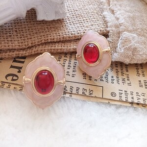 Fabulous Vintage Look| Gold Rimmed Pink Crystal Ruby Red Jelly Earrings| Gift for her| Cute｜Elegant｜Fashion Jewelry