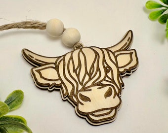 Adorno navideño de ganado de las tierras altas / Vaca esponjosa / Regalo amante de las vacas / Corte láser