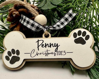 Adorno navideño de hueso de perro / Corte láser / Amigos de cuatro patas / Corteza de corteza