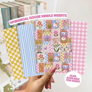 May include: Four rectangular Kindle inserts featuring a variety of patterns including a yellow and white checkerboard, blue and white vertical stripes, a pink and white gingham check, and a multi-coloured print with geese, flowers, and bees.