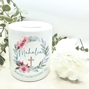 Personalised Ceramic Australian Floral Money Box | Personalised Christening or Baptism Gift for Boys or Girls | Personalised With a Name