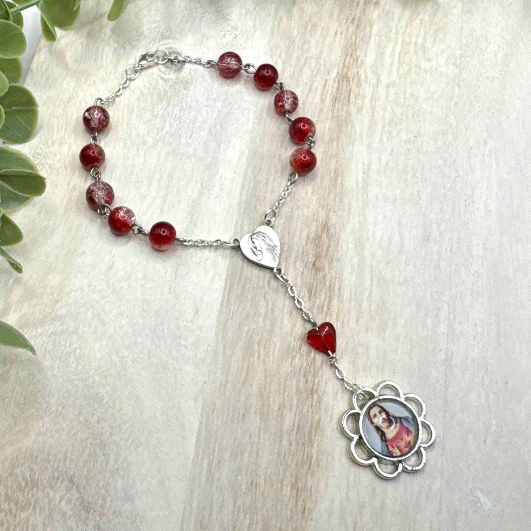 Sacred Heart of Jesus Red Car Rosary Beads | One Decade Rosary | Auto ...