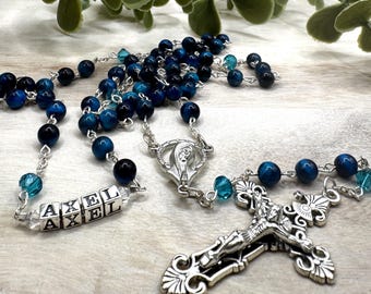 Blue Tiger Eye Rosary | Swarovski Crystal, Personalized Christening Gift