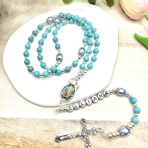 Personalized Turquoise Rosary Beads | Swarovski Pearls, Christening Gift