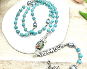 Personalized Turquoise Rosary Beads | Swarovski Pearls, Christening Gift