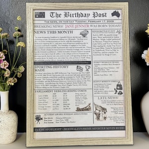 May include: Framed newspaper print from February 17, 2009, titled "The Birthday Post", reporting on Jane Jenner's birth, news, sporting events, and rising costs. Features Academy Award winners and Australia's Prime Minister.