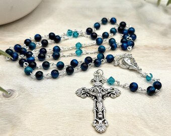 Blue Tiger Eye Rosary | Swarovski Crystal, Personalised Gift