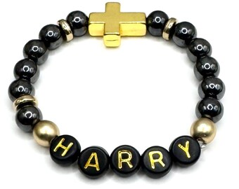 Personalized Hematite Christian Bracelet | Communion Gift, Boys and Girls