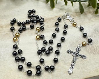 Two-Toned Hematite Rosary Beads – Personalized Sterling Silver Name, Baptism Gift