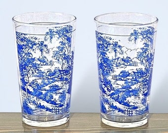 Vintage Federal Glass Blue Countryside Pattern Silver Trim Set of 2 Glasses