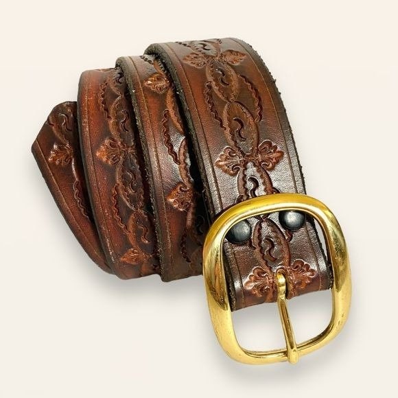 Vintage Metamorphosis Western Style Belt Handcrafted Genuine Leather Tooled vintage style TOOLED leather belt STUDDED brown 42 cowboy  main image 4