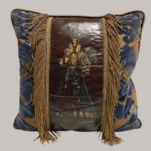 Vintage Hand Painted Leather Down Feather Velvet Pillow Fringe 20” Accent Throw