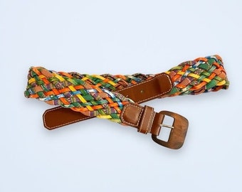 Express Multi Colored Leather/Fabric Woven Belt Wooden Buckle SZ M