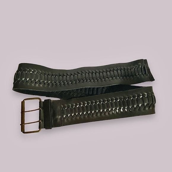 Nikki Jaggs Genuine Leather Woven Brown Belt OS VTG Nikki Jaggs M Brown Leather Adjustable Gold Toggle  main image 4