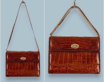 Vintage 1940s Genuine Alligator Purse Large Handbag w/ Convertible Strap