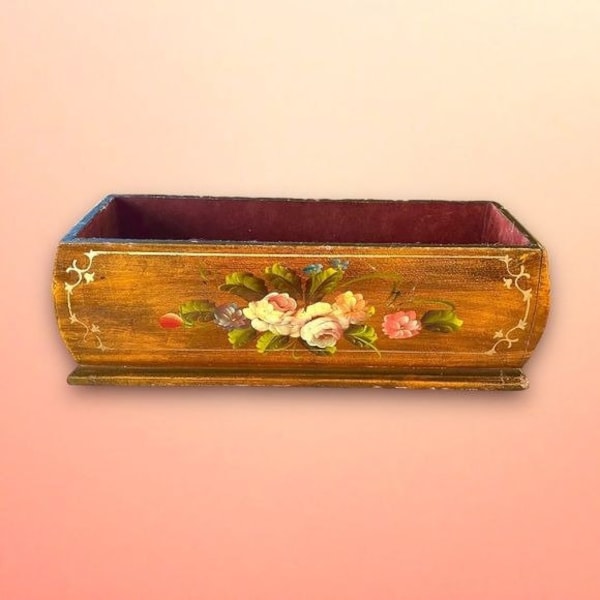 Antique Hand Painted Floral Wooden Caddy Planter Box 15x6”