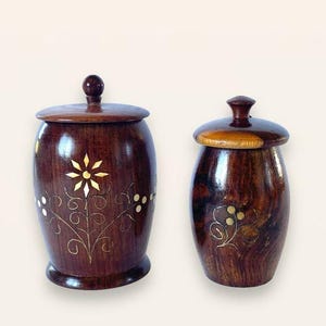 Set of 2 Vintage 1976 Wooden Trinket Boxes Jars Inlaid w/ Brass & Bone India