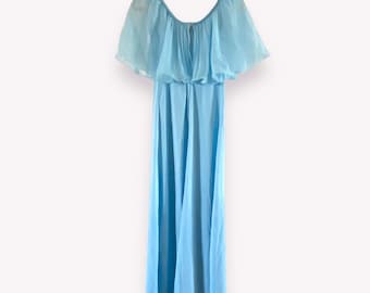 Vintage Light Blue Pleated Cape Ruffle Shoulder Maxi Dress Sz X Small?