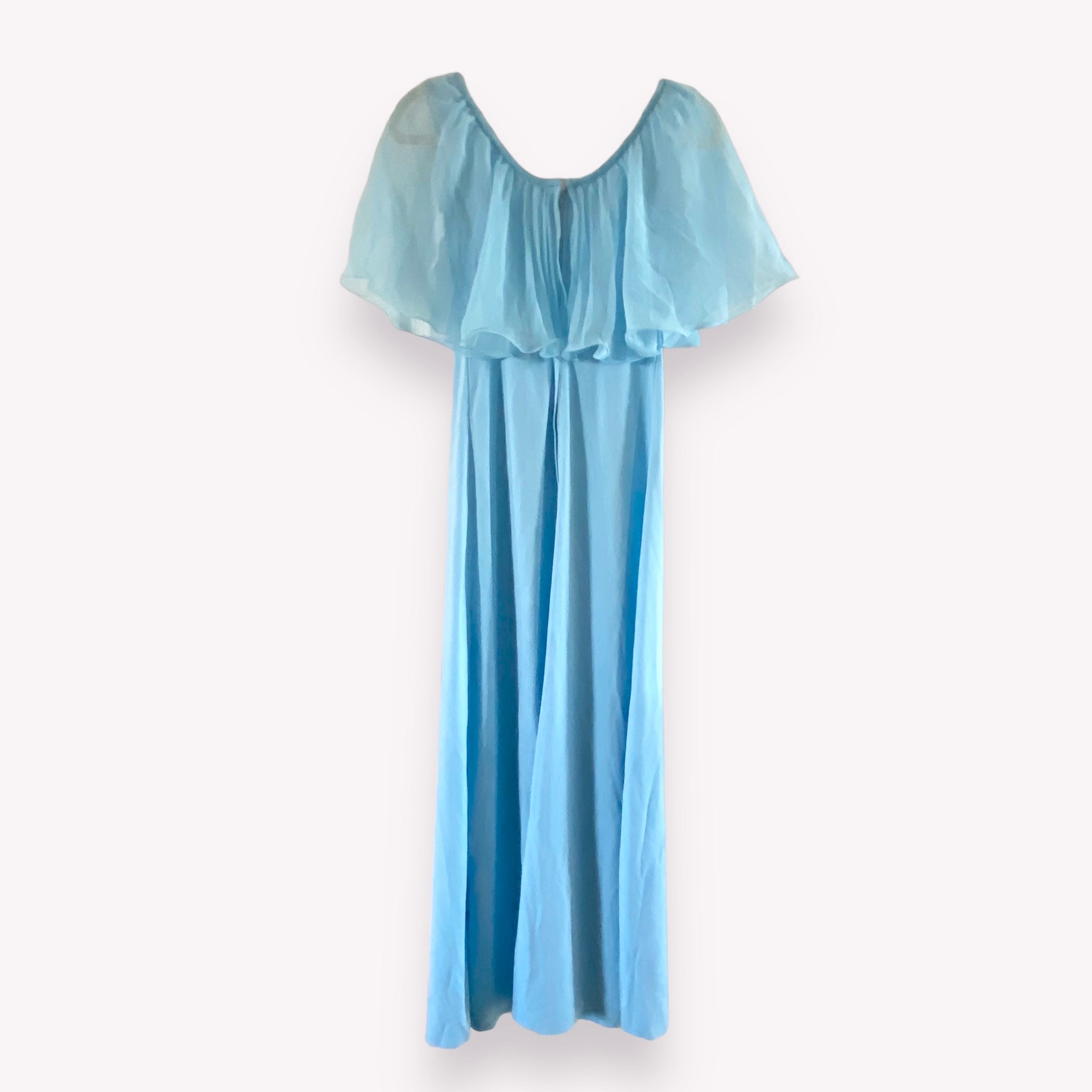 Vintage Light Blue Pleated Cape Ruffle Shoulder Maxi Dress