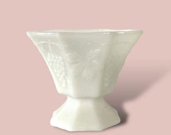 Milk Glass Vintage Pedestal Compote Candy Dish Grapes & Leaves