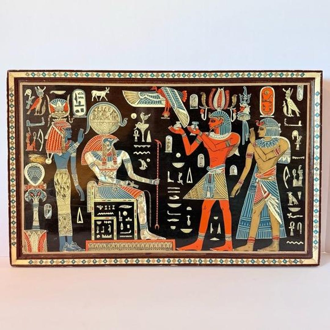 Vintage Egyptian Revival Wood Panel Large Egyptianesque Inlaid Mother ...