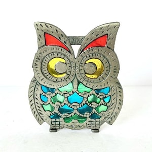 Vintage Cast Iron Owl Napkin Holder Colorful Lucite or Stained